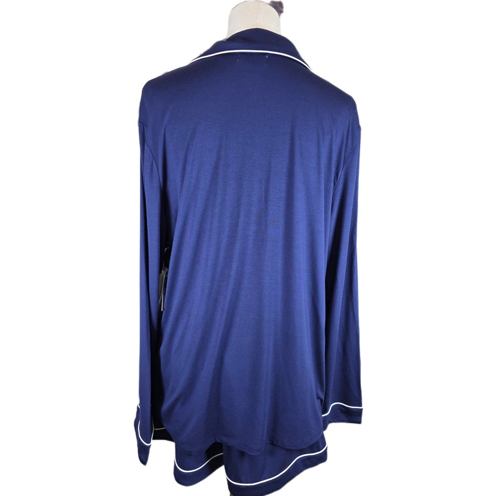 Nordstrom Pajama Shorts Set Blue w/White Piping Tencel Modal Long Sleeve - Picture 5 of 9